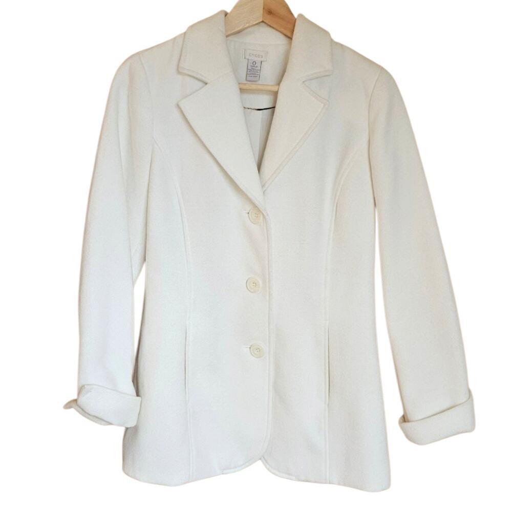 Chico's Blazer Womens Small White Ponte Knit Notch Collar 3 Button Jacket
